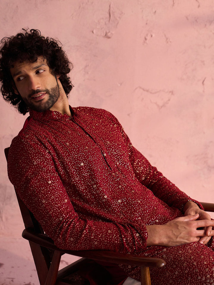 Sarvati Men's Maroon Georgette Zari With Sequins Worked Kurta Pant Set