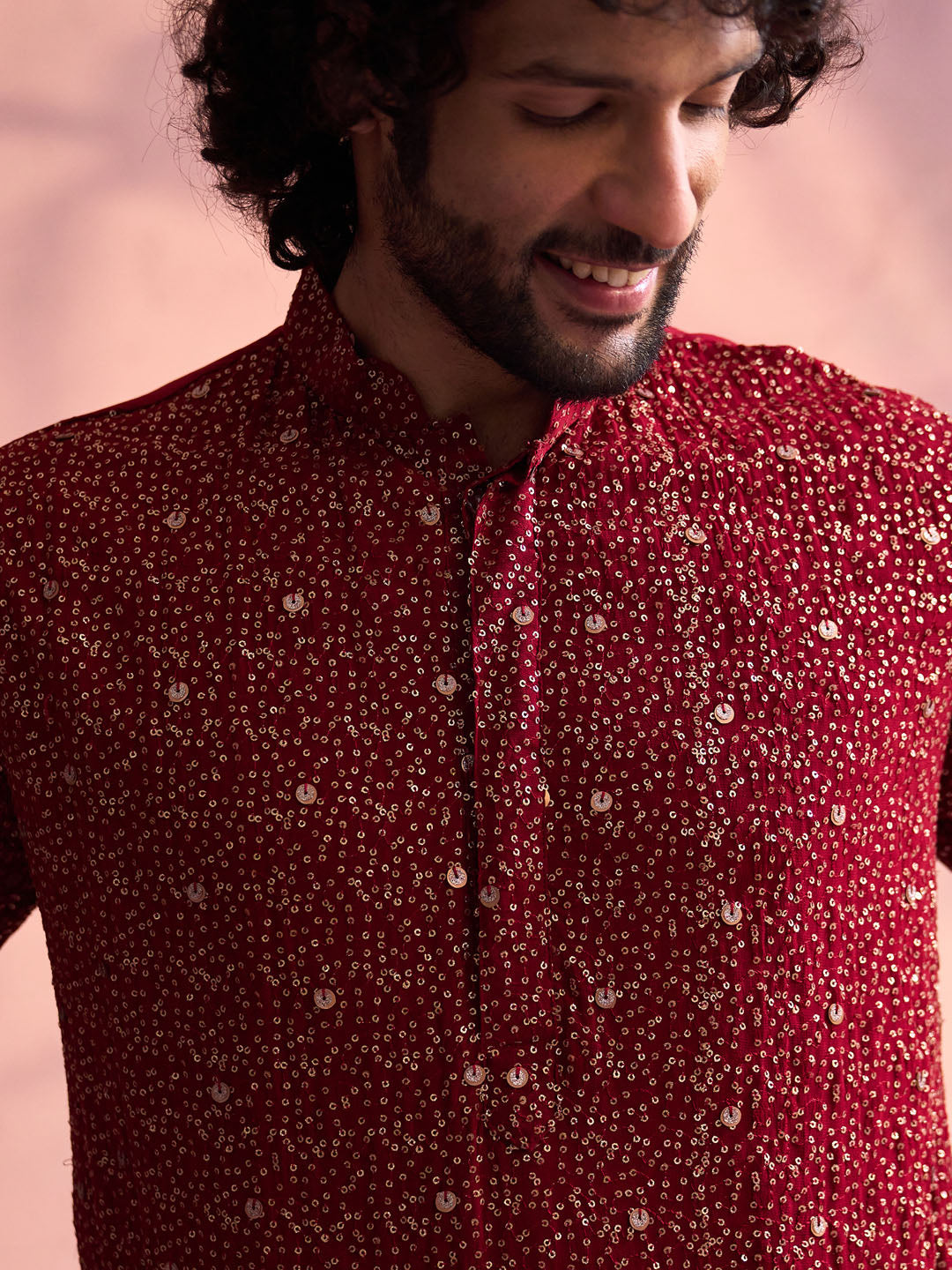 Sarvati Men's Maroon Georgette Zari With Sequins Worked Kurta Pant Set