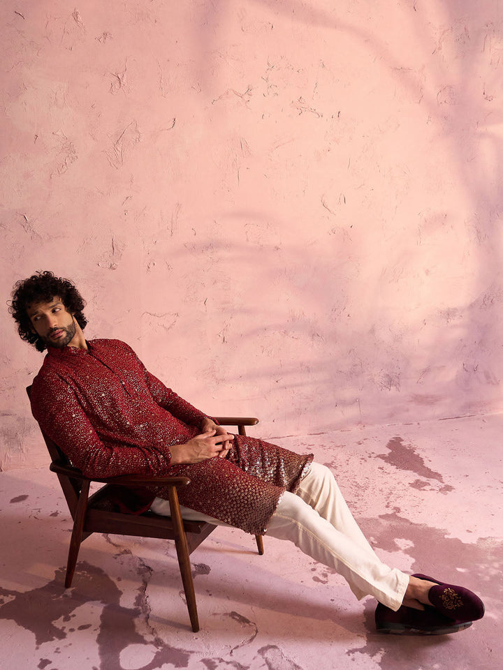 Sarvati Men's Maroon Georgette Zari With Sequins Worked Kurta Pant Set