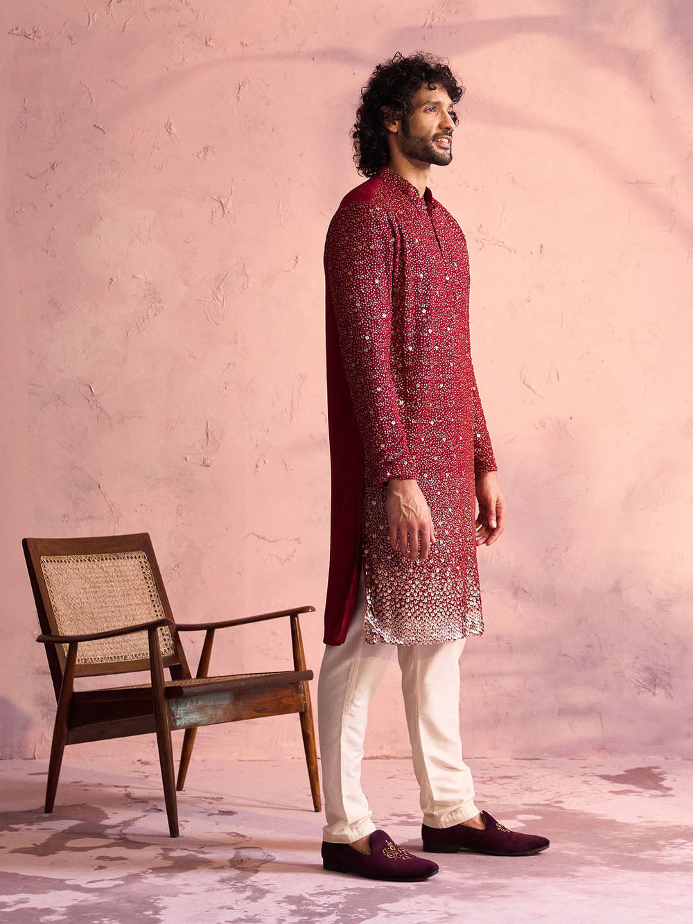 Sarvati Men's Maroon Georgette Zari With Sequins Worked Kurta Pant Set