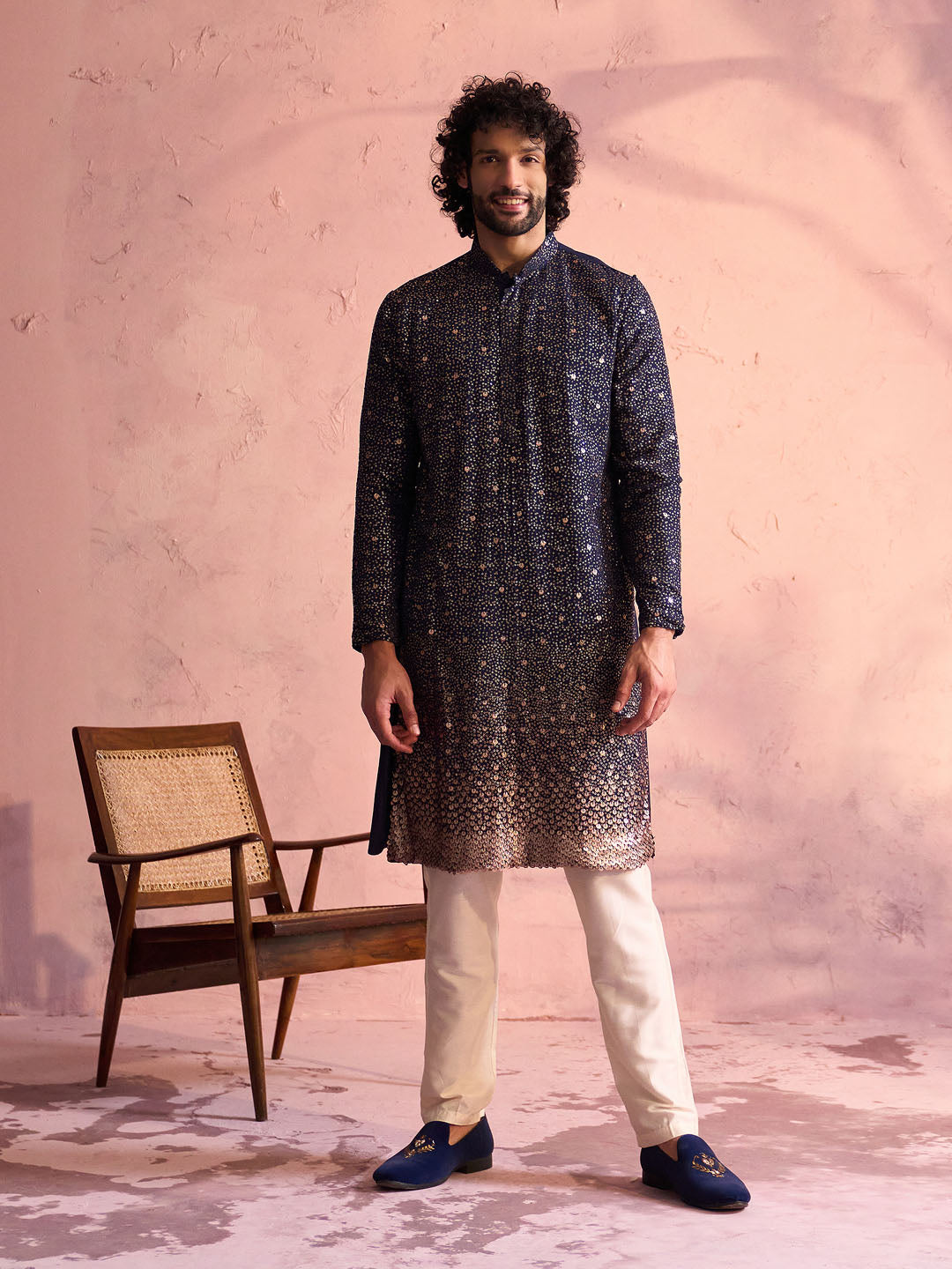 Sarvati Men's Navy Blue Georgette Zari With Sequins Worked Kurta pant Set