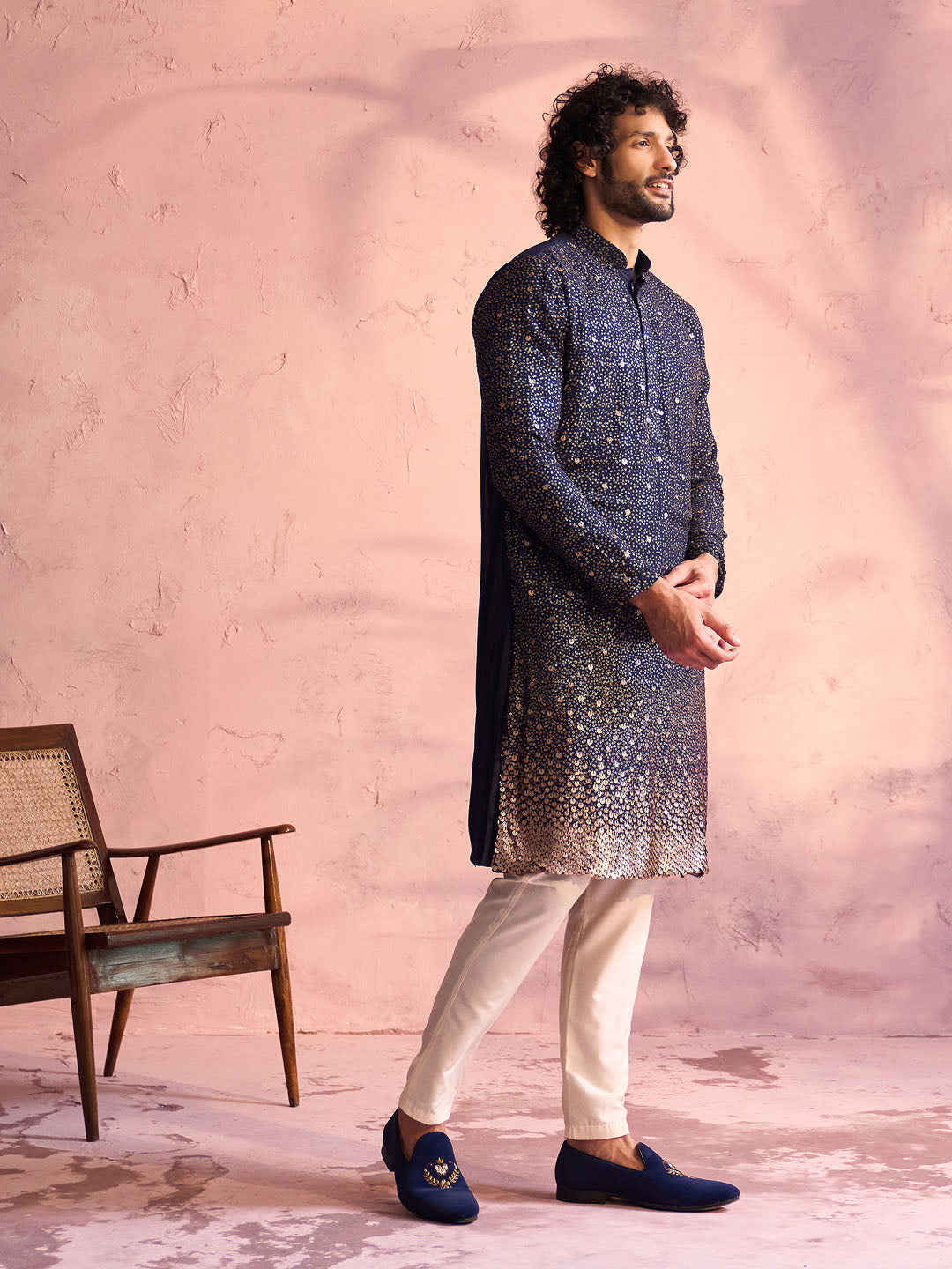 Sarvati Men's Navy Blue Georgette Zari With Sequins Worked Kurta pant Set