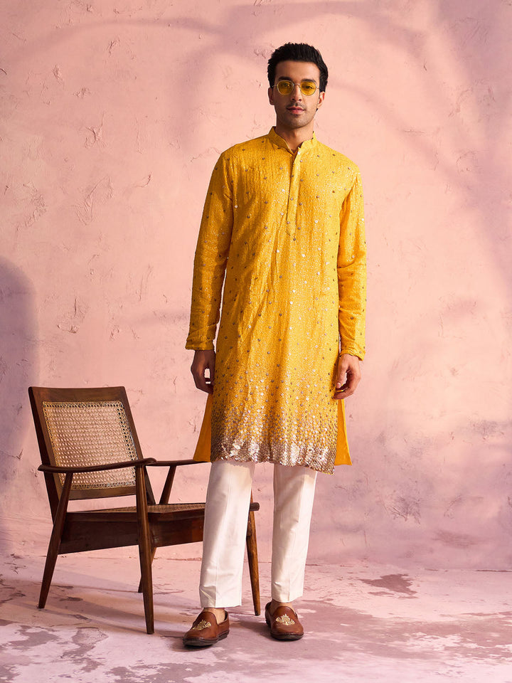 Sarvati Men's Yellow Georgette Zari With Sequins Worked Kurta pant Set