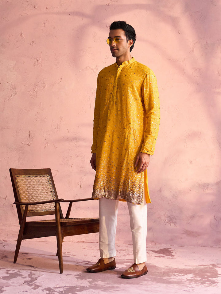 Sarvati Men's Yellow Georgette Zari With Sequins Worked Kurta pant Set