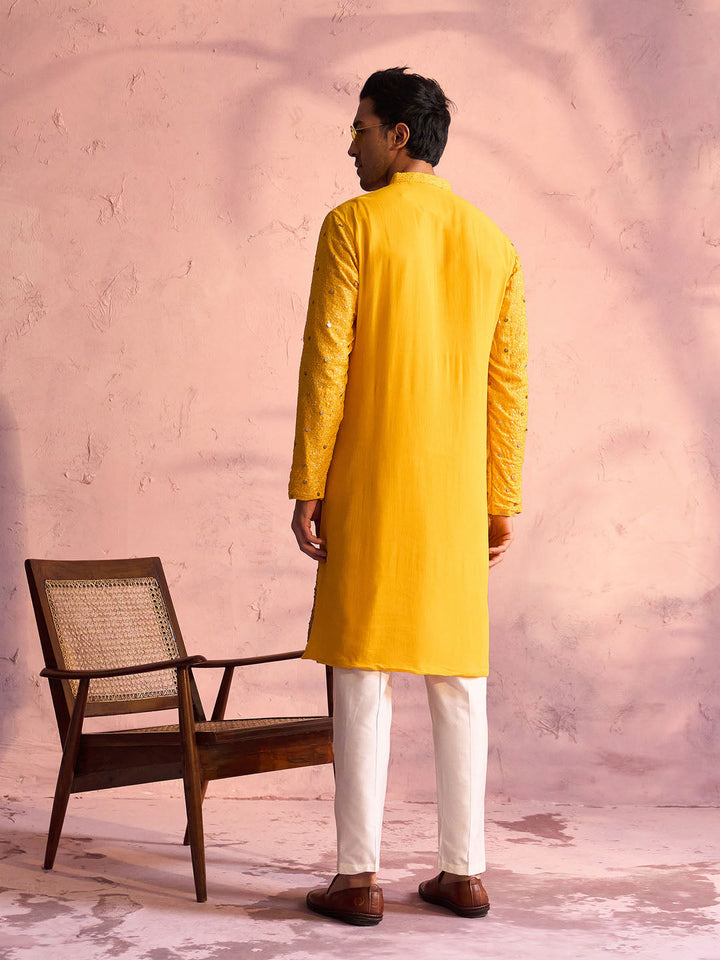 Sarvati Men's Yellow Georgette Zari With Sequins Worked Kurta pant Set