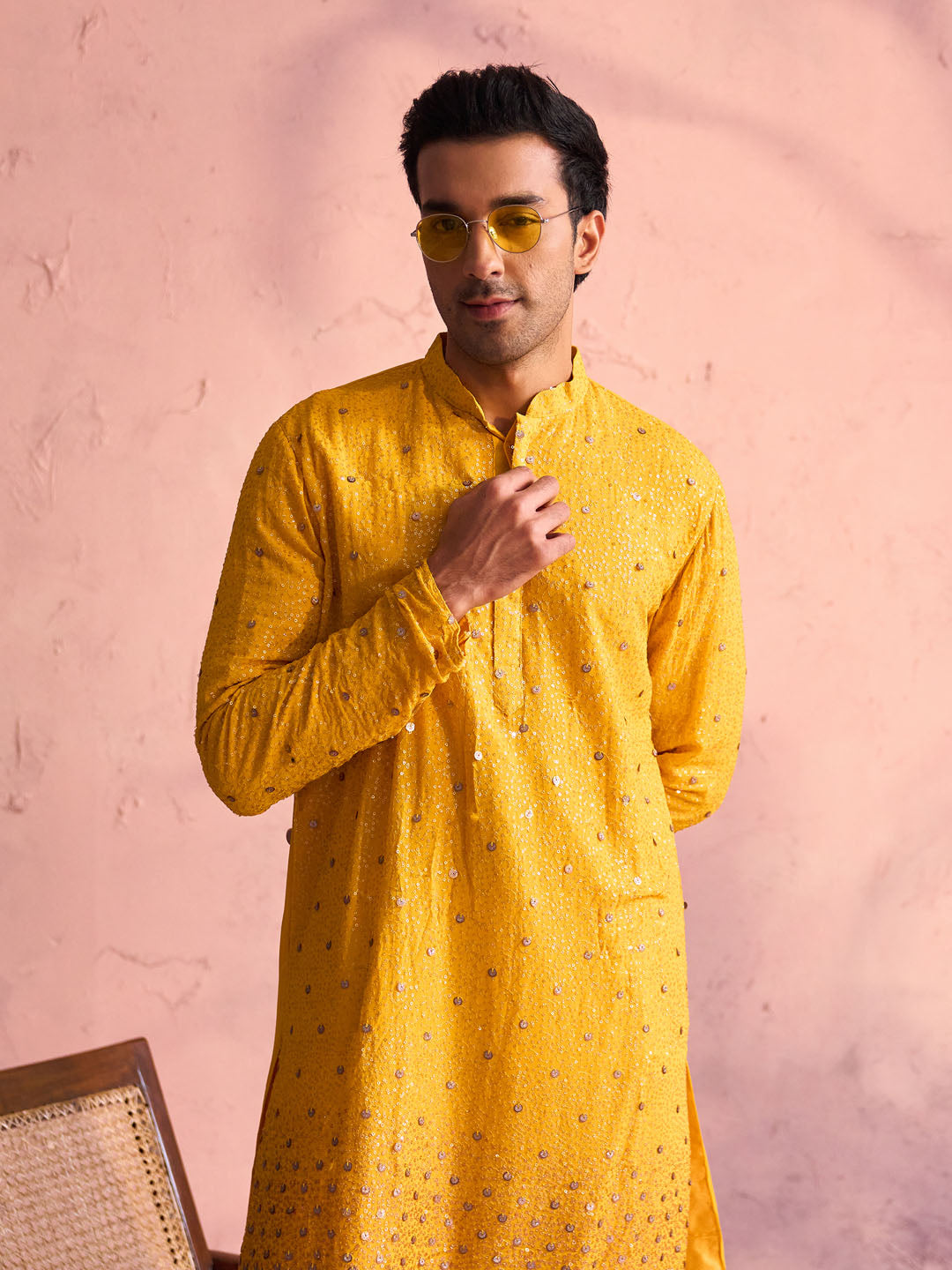 Sarvati Men's Yellow Georgette Zari With Sequins Worked Kurta pant Set