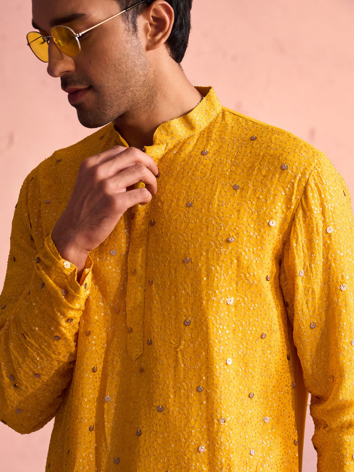 Sarvati Men's Yellow Georgette Zari With Sequins Worked Kurta pant Set