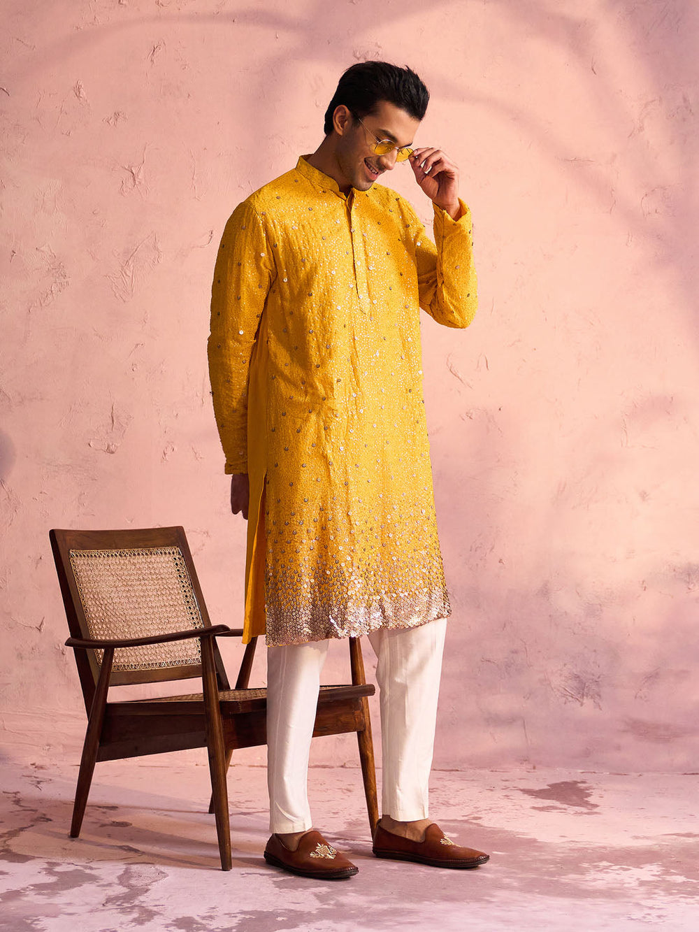 Sarvati Men's Yellow Georgette Zari With Sequins Worked Kurta pant Set