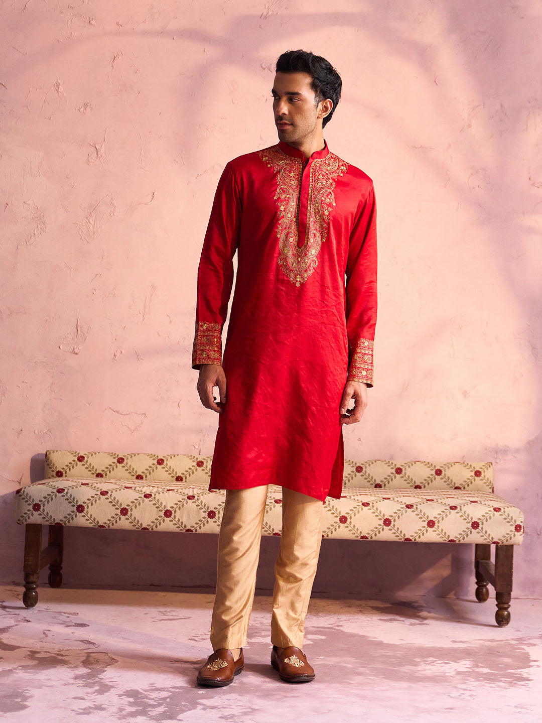 Sarvati Men's Red Silk Embroidered Ethnic Kurta With Pant Set