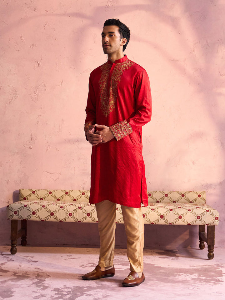 Sarvati Men's Red Silk Embroidered Ethnic Kurta With Pant Set