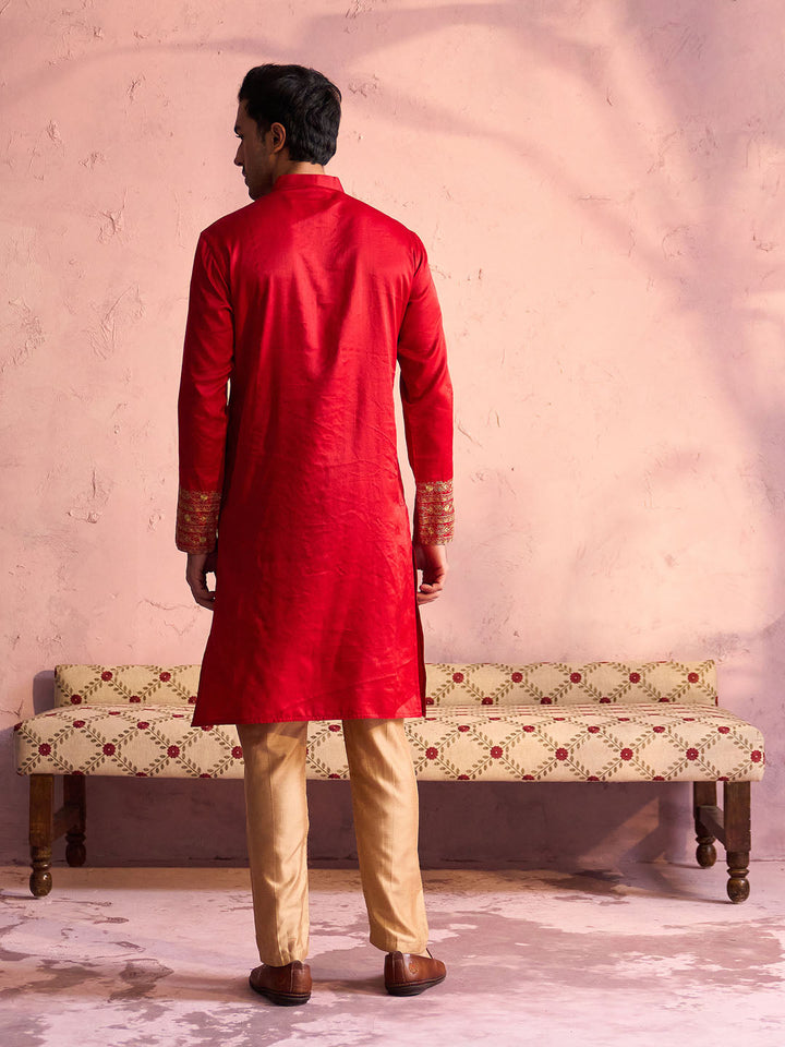 Sarvati Men's Red Silk Embroidered Ethnic Kurta With Pant Set