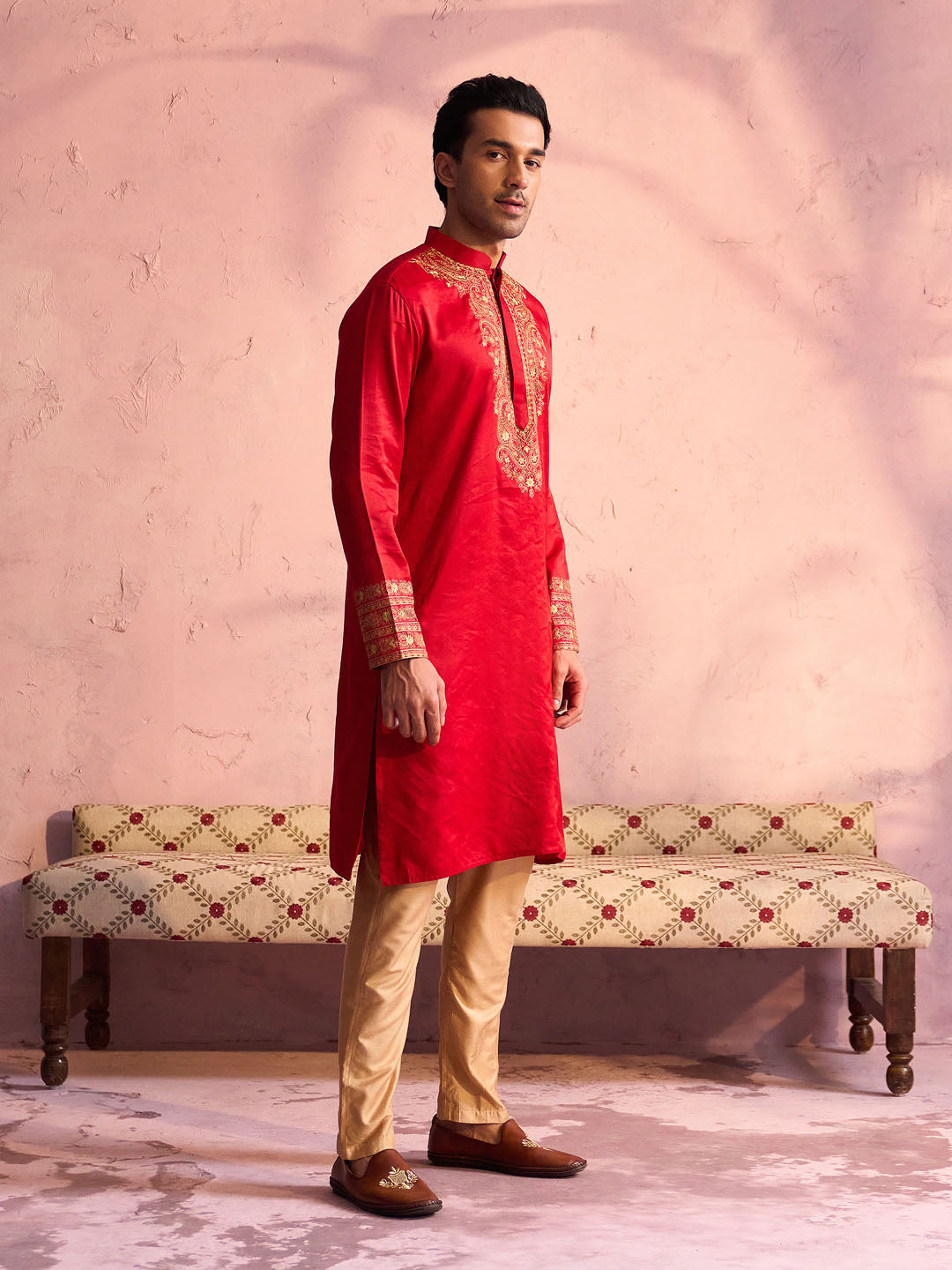 Sarvati Men's Red Silk Embroidered Ethnic Kurta With Pant Set