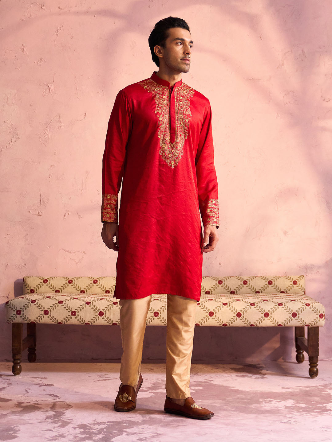 Sarvati Men's Red Silk Embroidered Ethnic Kurta With Pant Set