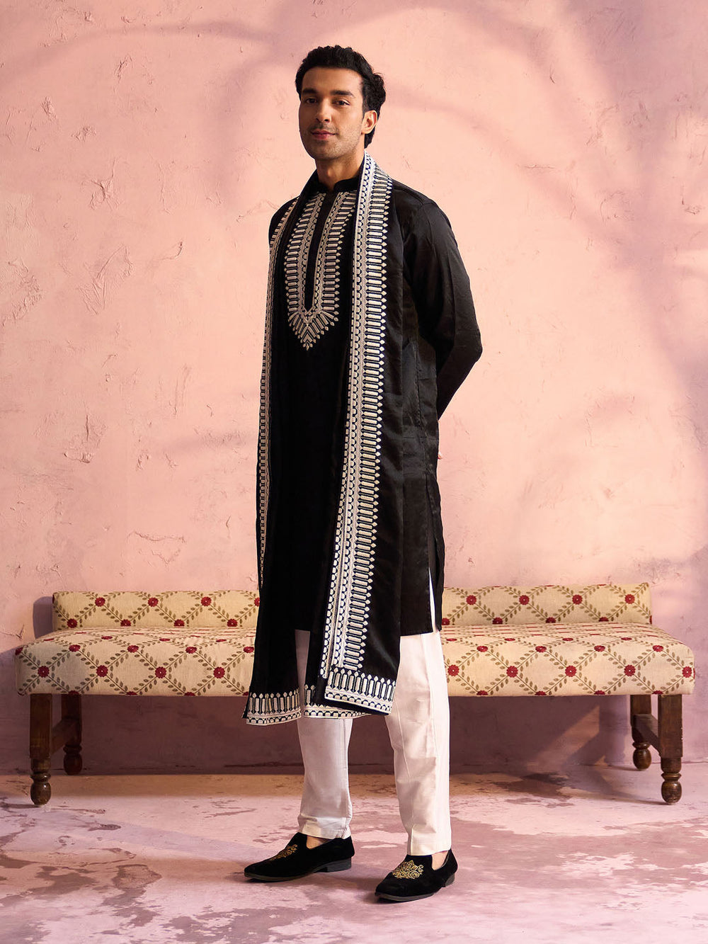 Sarvati Men's Black Silk Machine Embroidered Kurta Pyjama With Silk Dupatta Set