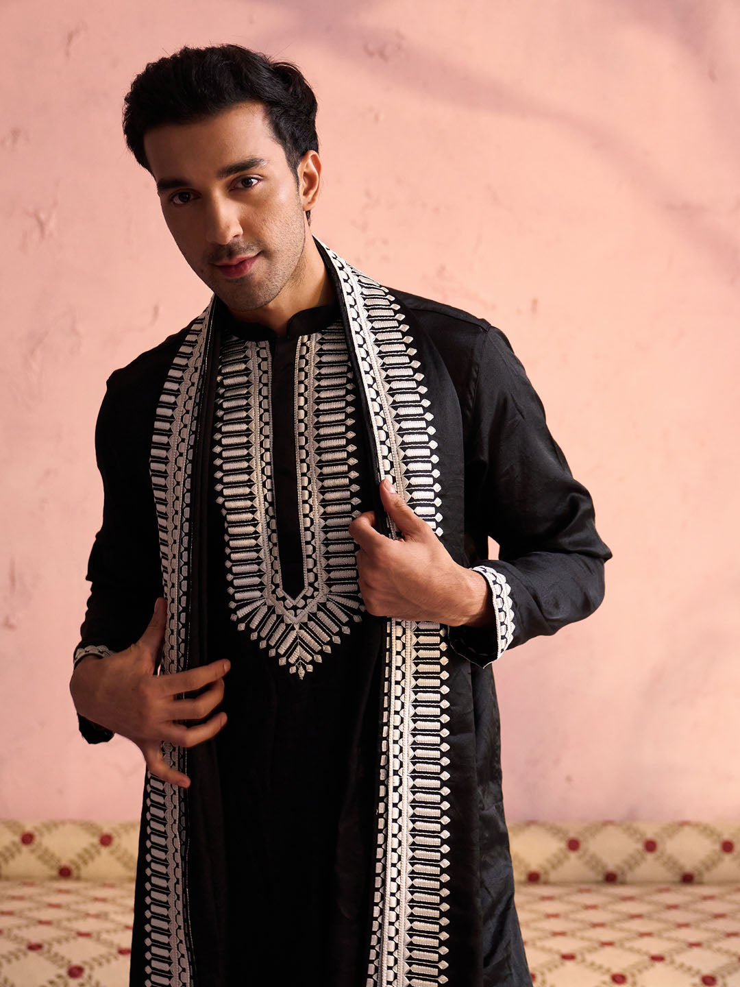 Sarvati Men's Black Silk Machine Embroidered Kurta Pyjama With Silk Dupatta Set