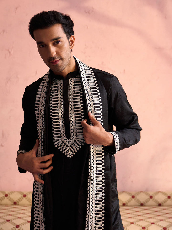 Sarvati Men's Black Silk Machine Embroidered Kurta Pyjama With Silk Dupatta Set