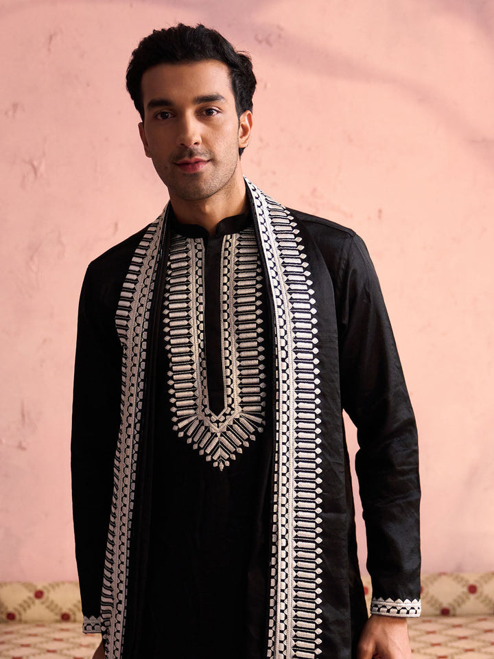 Sarvati Men's Black Silk Machine Embroidered Kurta Pyjama With Silk Dupatta Set