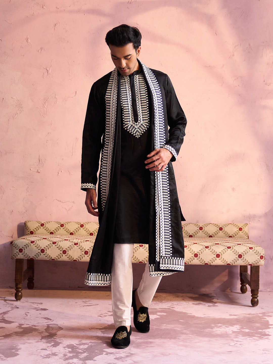 Sarvati Men's Black Silk Machine Embroidered Kurta Pyjama With Silk Dupatta Set