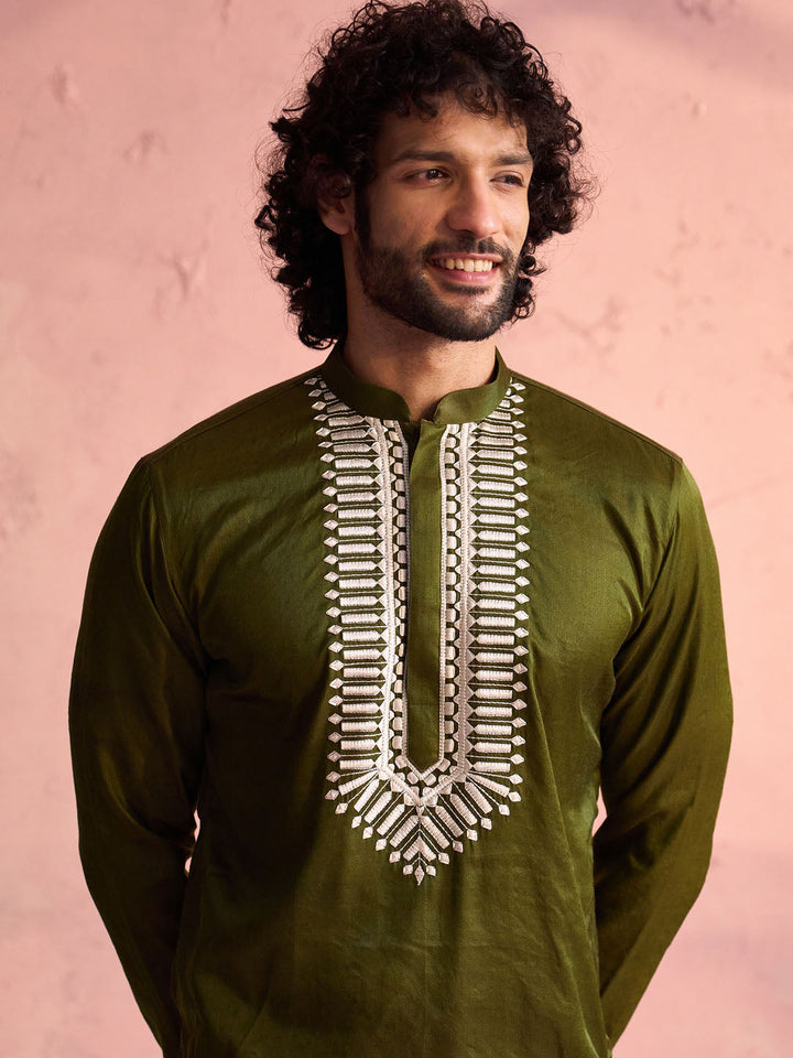 Men's Mint Green Silk Machine Embroidered Kurta