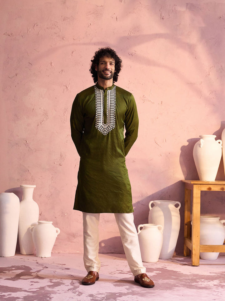 Men's Mint Green Silk Machine Embroidered Kurta