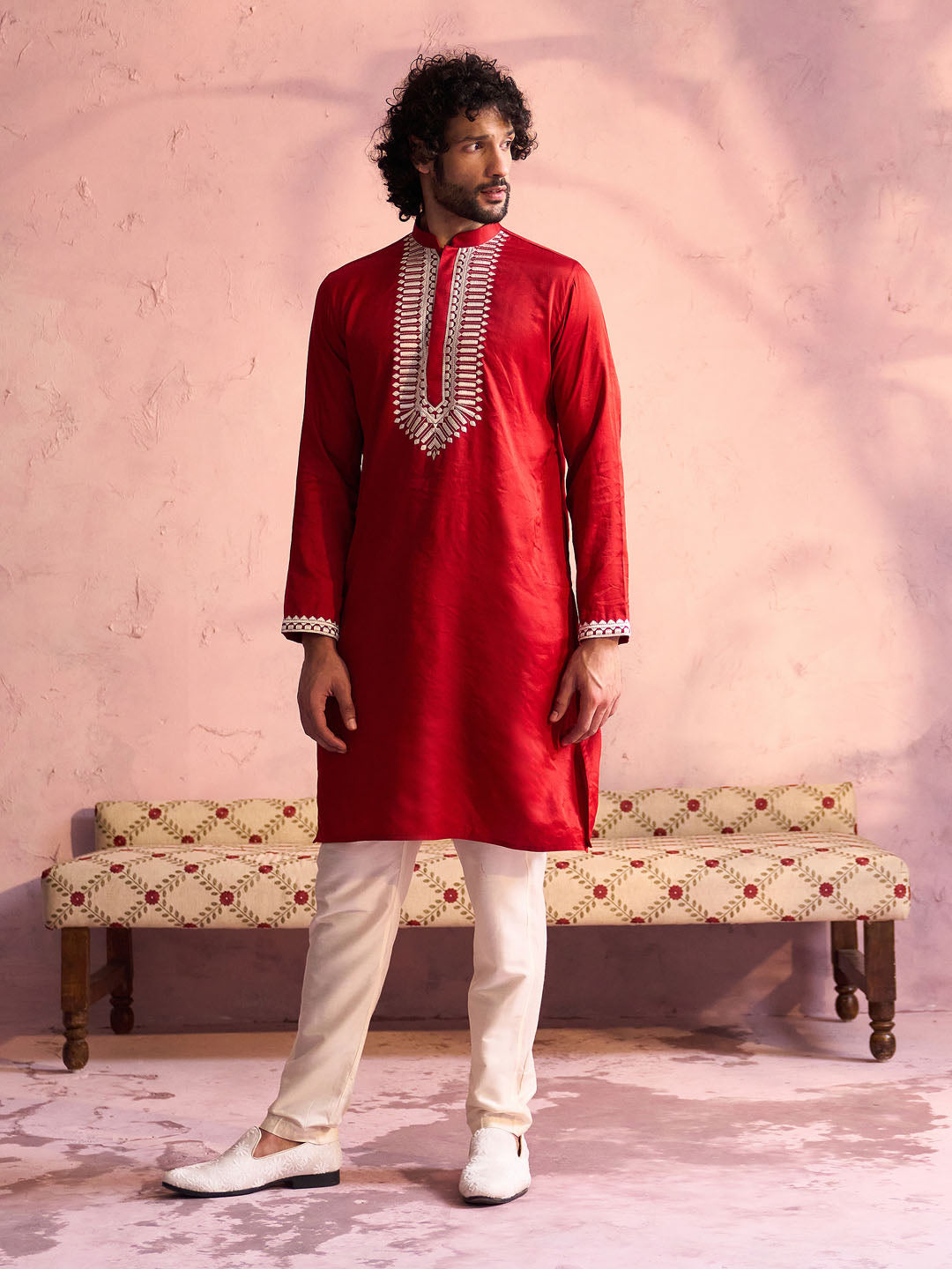 Sarvati Men's Red Silk Blend Machine Embroidered Kurta Pyjama