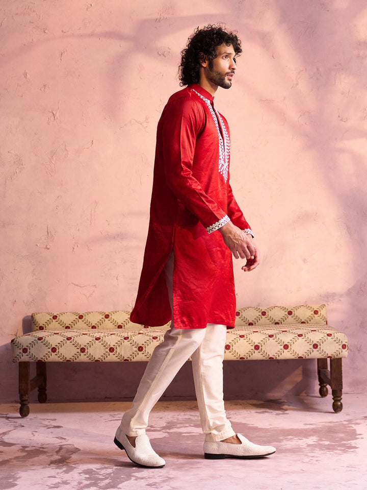 Sarvati Men's Red Silk Blend Machine Embroidered Kurta Pyjama