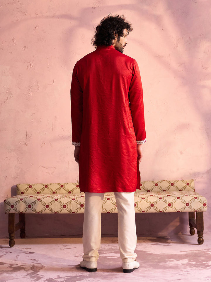 Sarvati Men's Red Silk Blend Machine Embroidered Kurta Pyjama