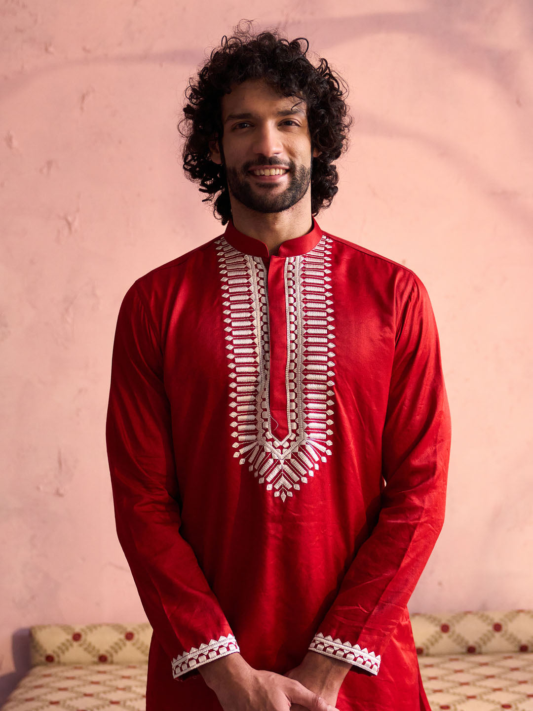 Sarvati Men's Red Silk Blend Machine Embroidered Kurta Pyjama