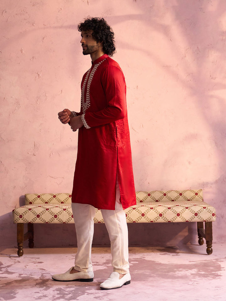 Sarvati Men's Red Silk Blend Machine Embroidered Kurta Pyjama