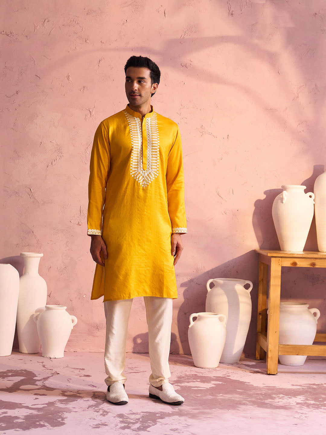 Sarvati Men's Yellow Silk Machine Embroidered Kurta Pyjama