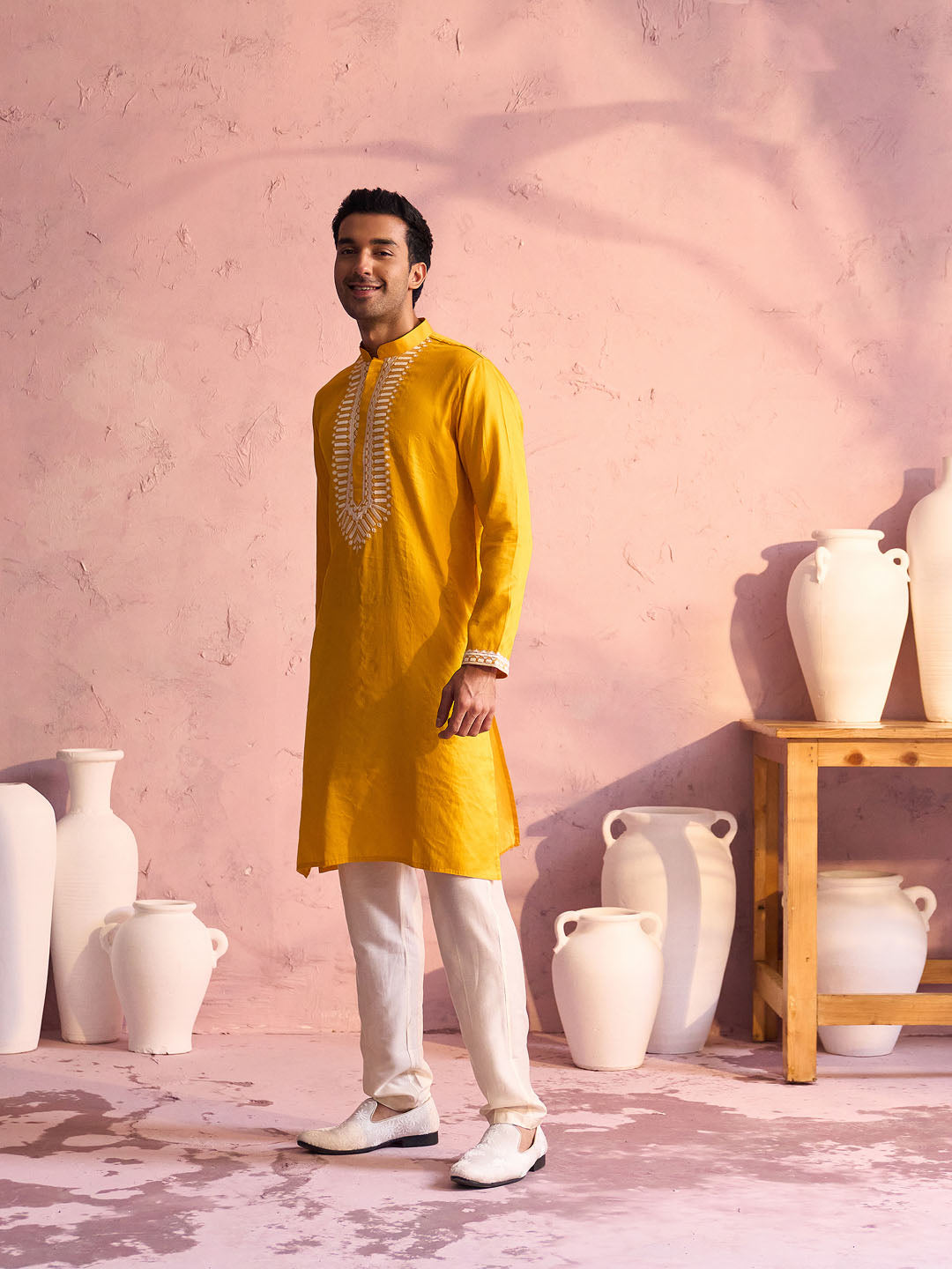 Sarvati Men's Yellow Silk Machine Embroidered Kurta Pyjama