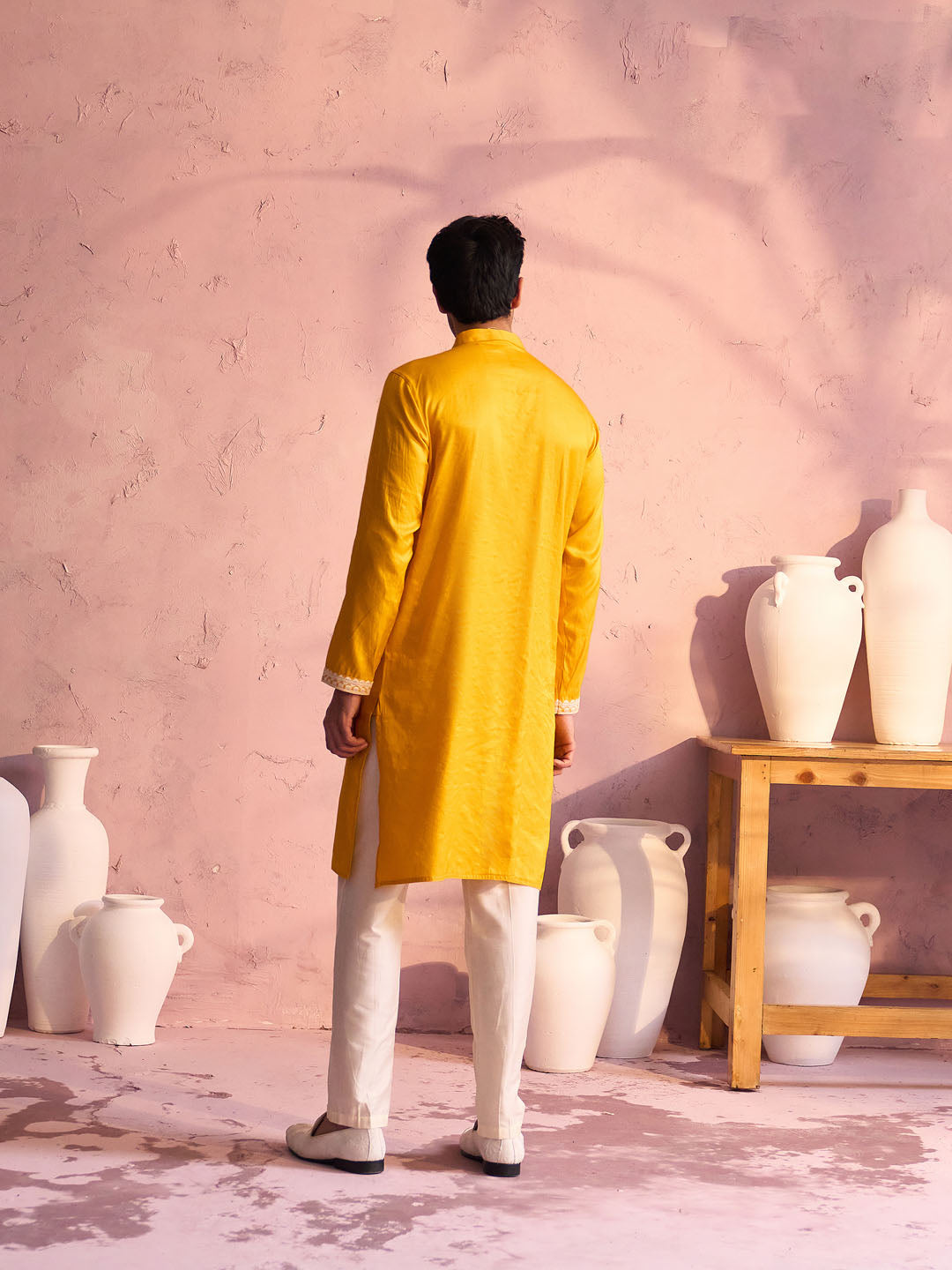 Sarvati Men's Yellow Silk Machine Embroidered Kurta Pyjama