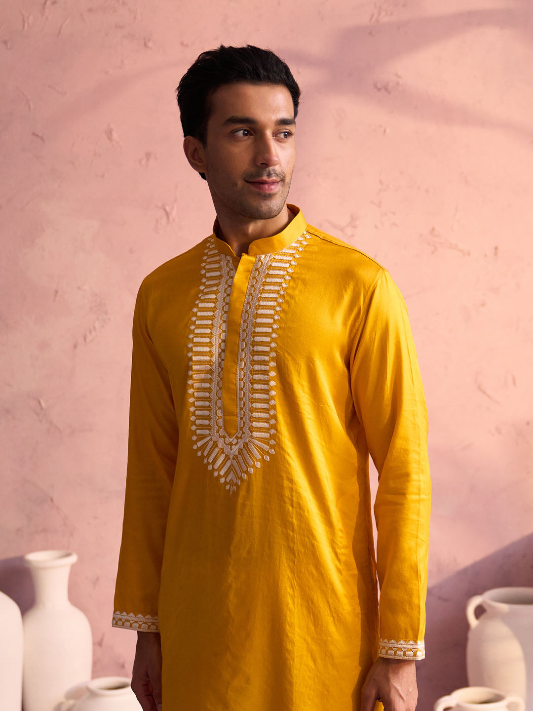 Sarvati Men's Yellow Silk Machine Embroidered Kurta Pyjama