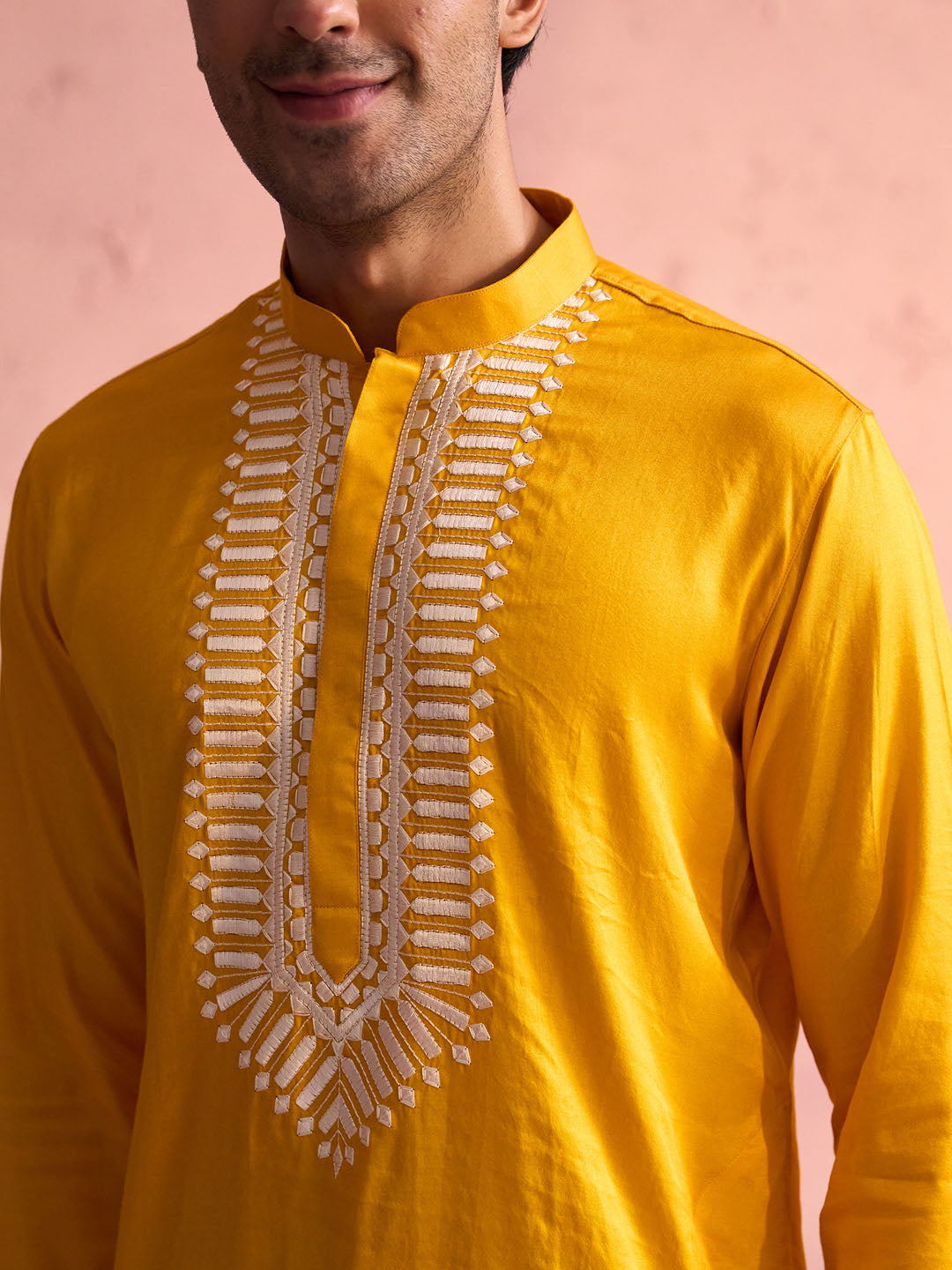 Sarvati Men's Yellow Silk Machine Embroidered Kurta Pyjama