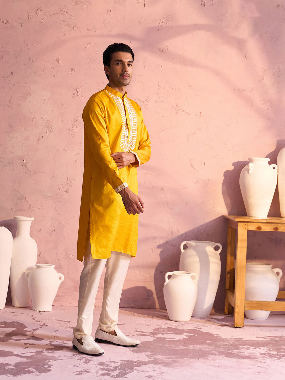 Sarvati Men's Yellow Silk Machine Embroidered Kurta Pyjama