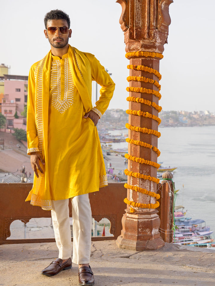 Sarvati Men's Yellow Silk Machine Embroidered Kurta Pyjama With Silk Dupatta Set