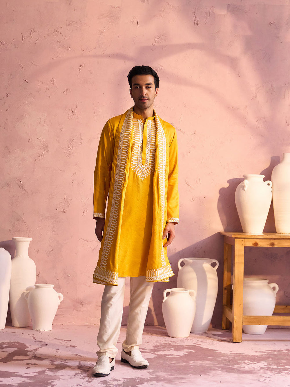 Sarvati Men's Yellow Silk Machine Embroidered Kurta Pyjama With Silk Dupatta Set