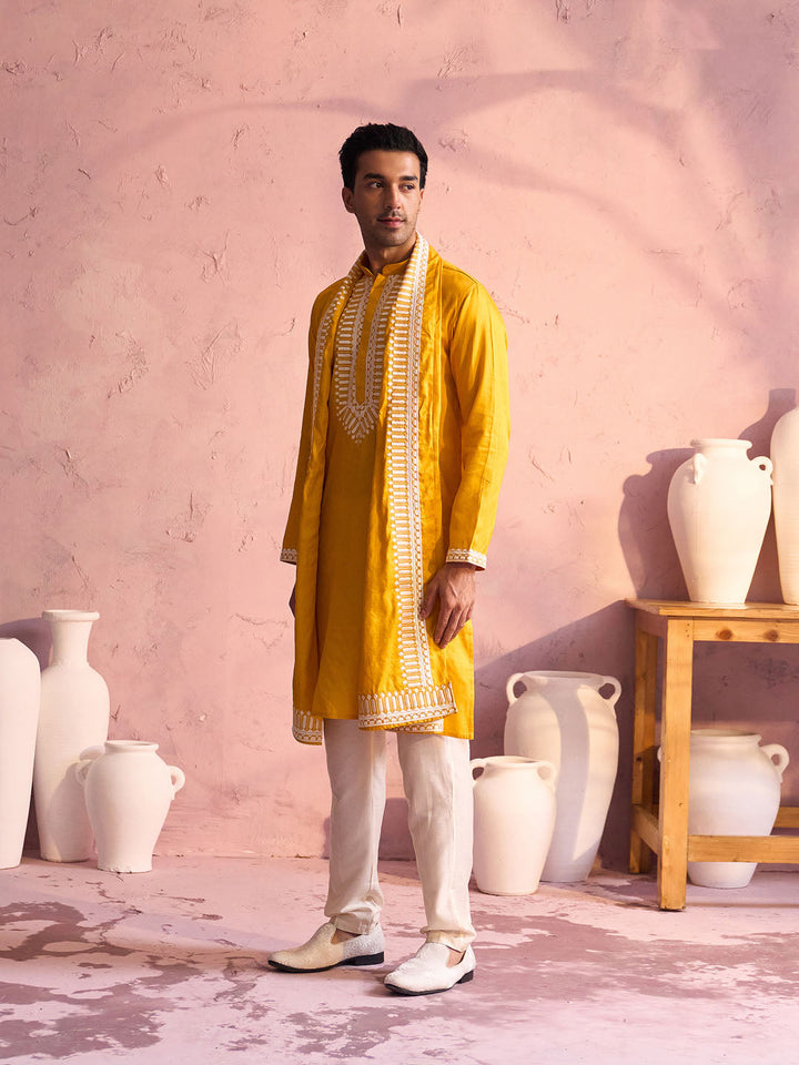 Sarvati Men's Yellow Silk Machine Embroidered Kurta Pyjama With Silk Dupatta Set