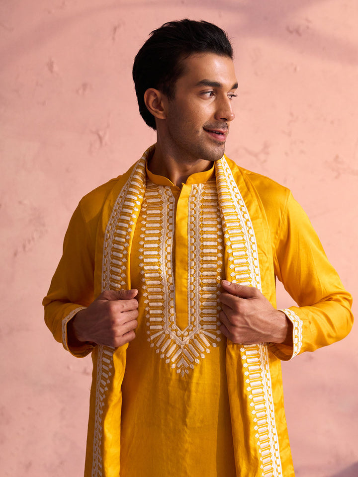 Sarvati Men's Yellow Silk Machine Embroidered Kurta Pyjama With Silk Dupatta Set