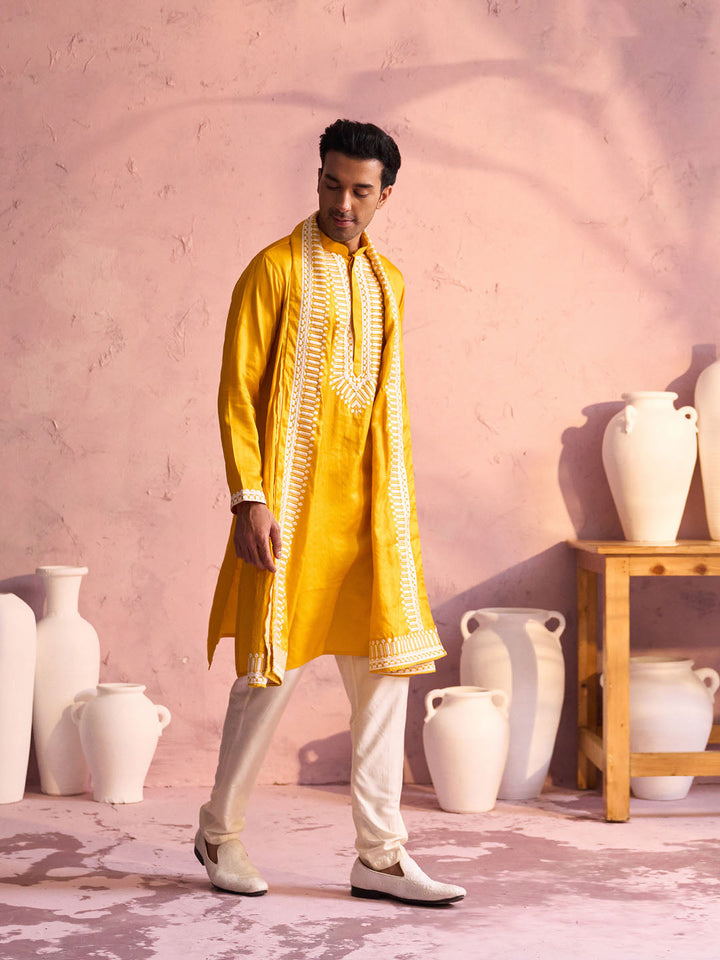 Sarvati Men's Yellow Silk Machine Embroidered Kurta Pyjama With Silk Dupatta Set