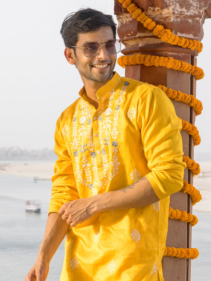 Sarvati Men's Yellow Embroidered Silk Kurta