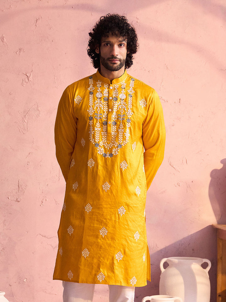 Sarvati Men's Yellow Embroidered Silk Kurta