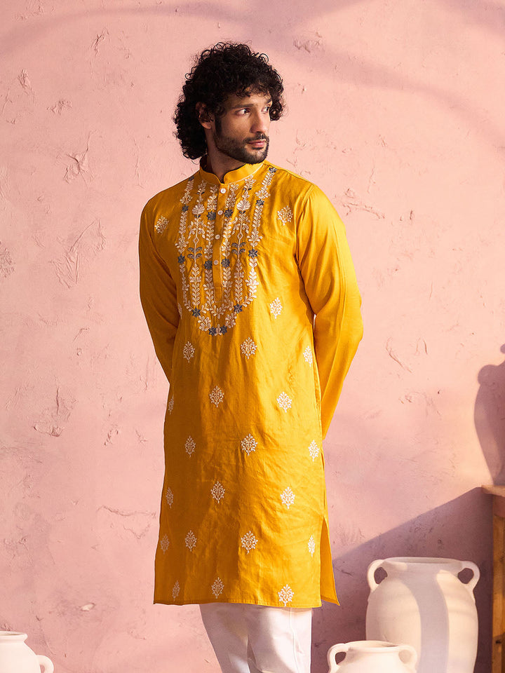 Sarvati Men's Yellow Embroidered Silk Kurta