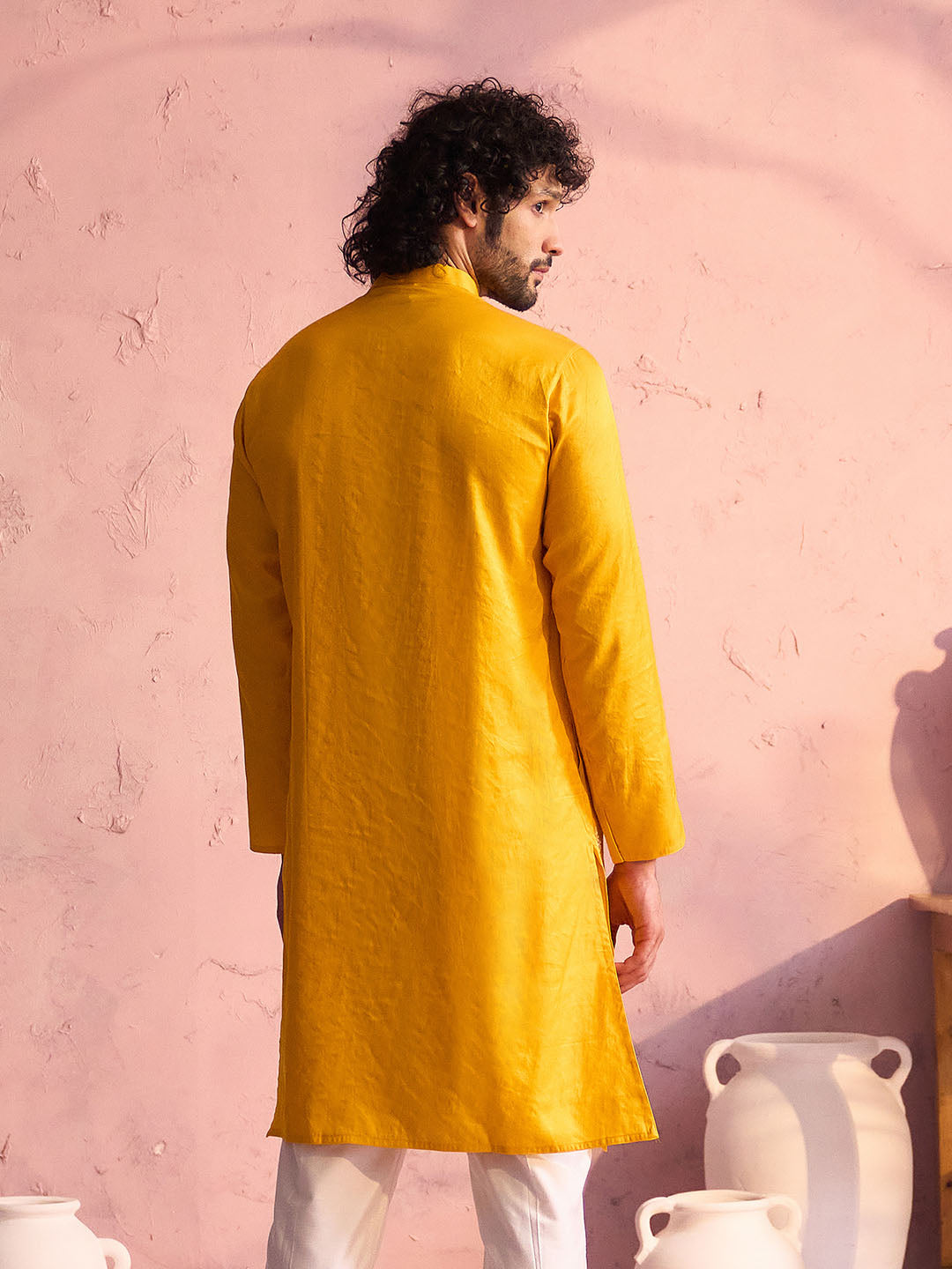 Sarvati Men's Yellow Embroidered Silk Kurta