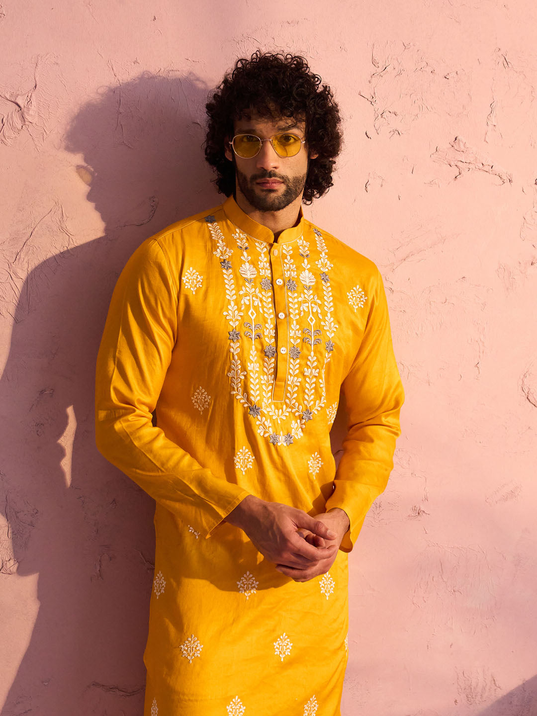 Sarvati Men's Yellow Embroidered Silk Kurta