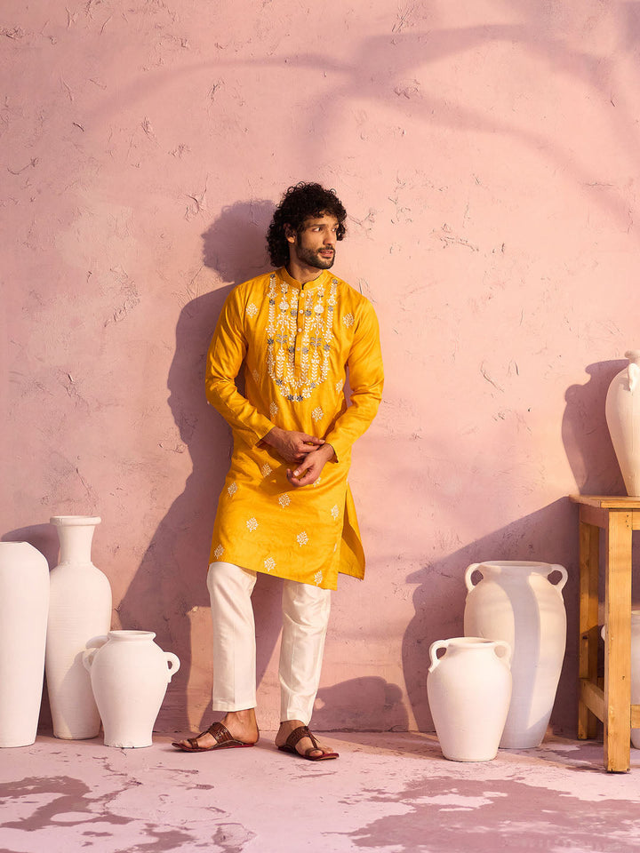 Sarvati Men's Yellow Embroidered Silk Kurta