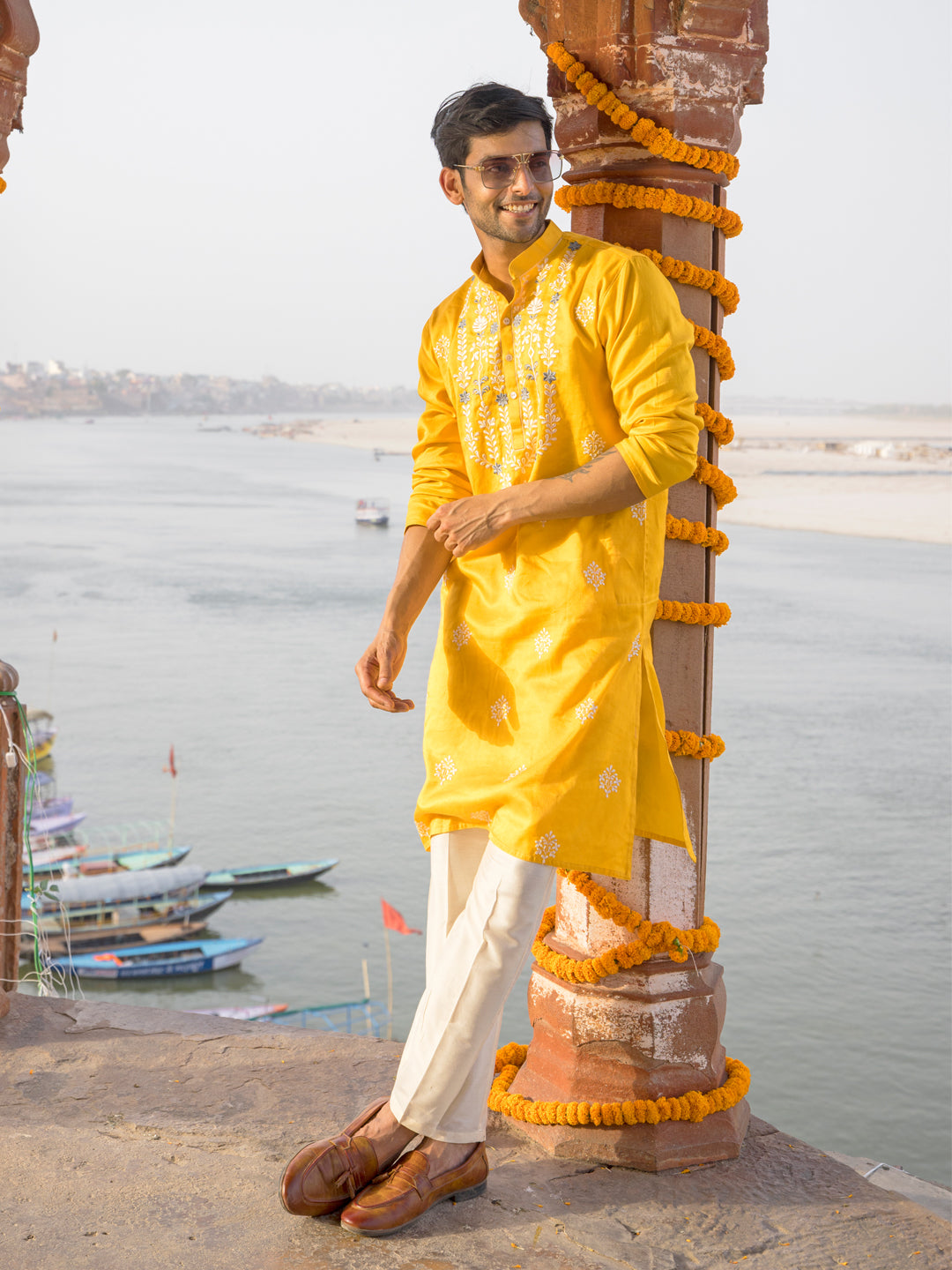 Sarvati Men's Yellow Embroidered Silk Kurta Pyjama Set