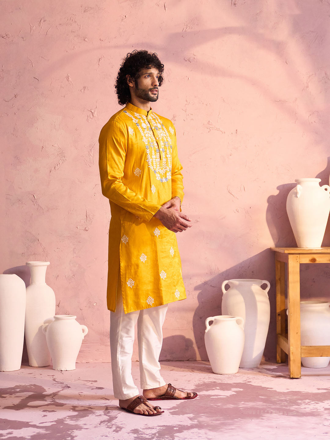 Sarvati Men's Yellow Embroidered Silk Kurta Pyjama Set