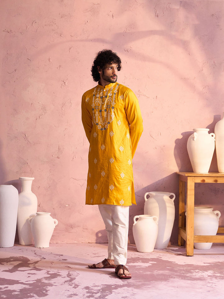 Sarvati Men's Yellow Embroidered Silk Kurta Pyjama Set