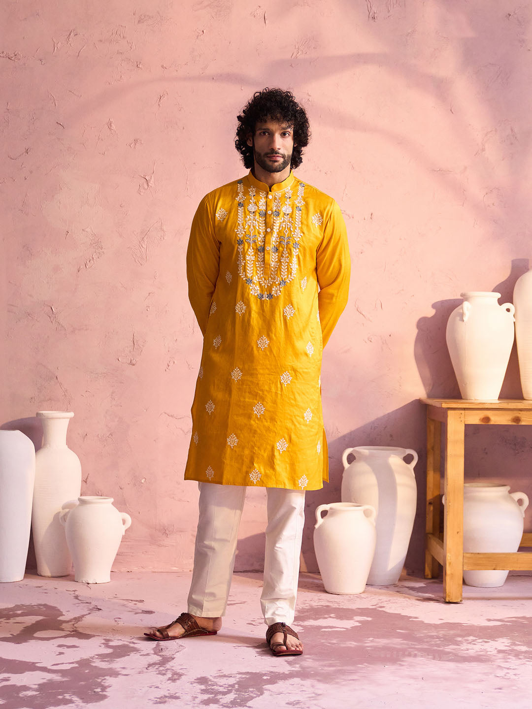 Sarvati Men's Yellow Embroidered Silk Kurta Pyjama Set